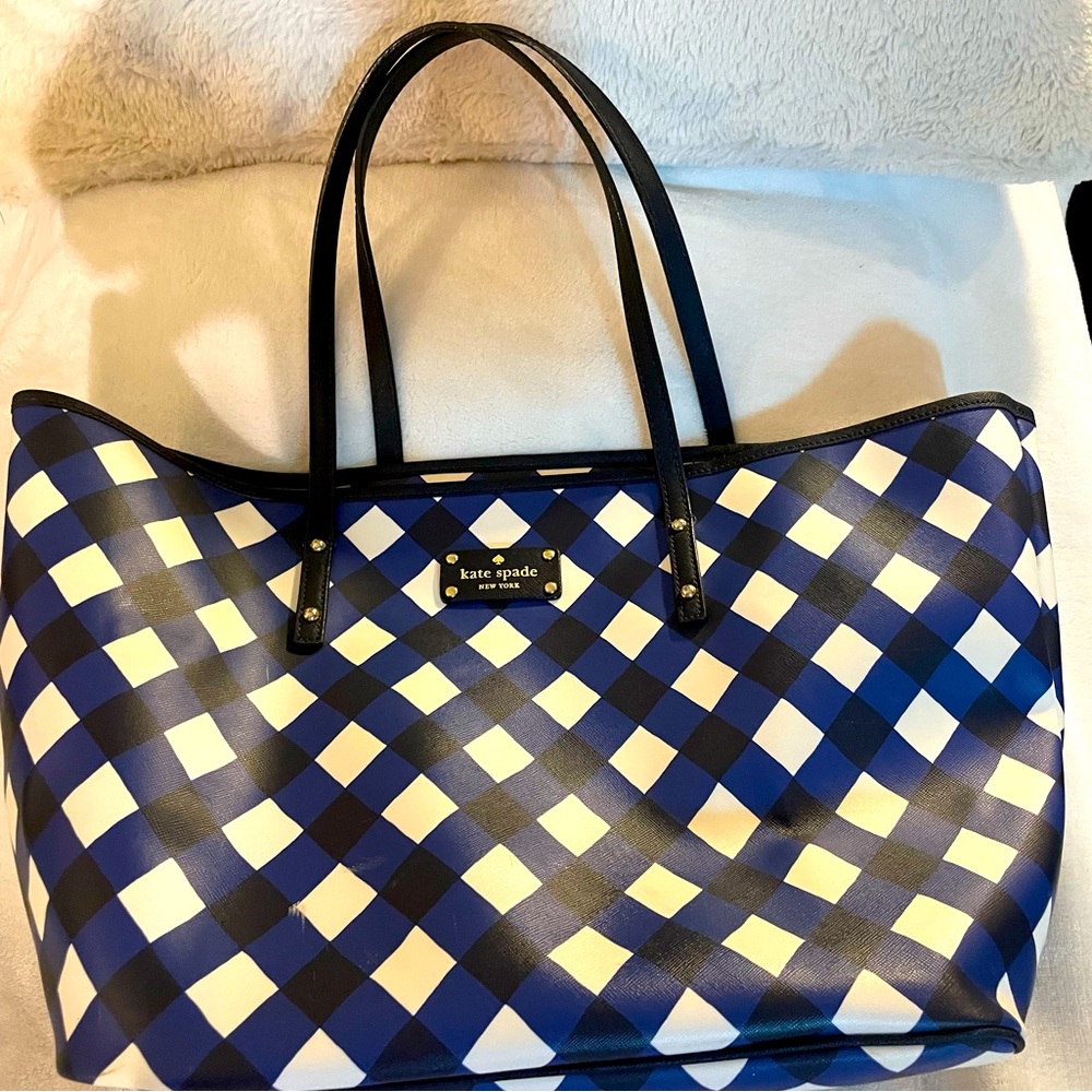 kate spade New York large blue/white gingham summer tote
